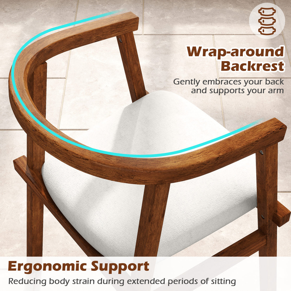 Set of 2 Solid Rubber Wood Dining Room Chairs with Wrap-around Armrest-Walnut