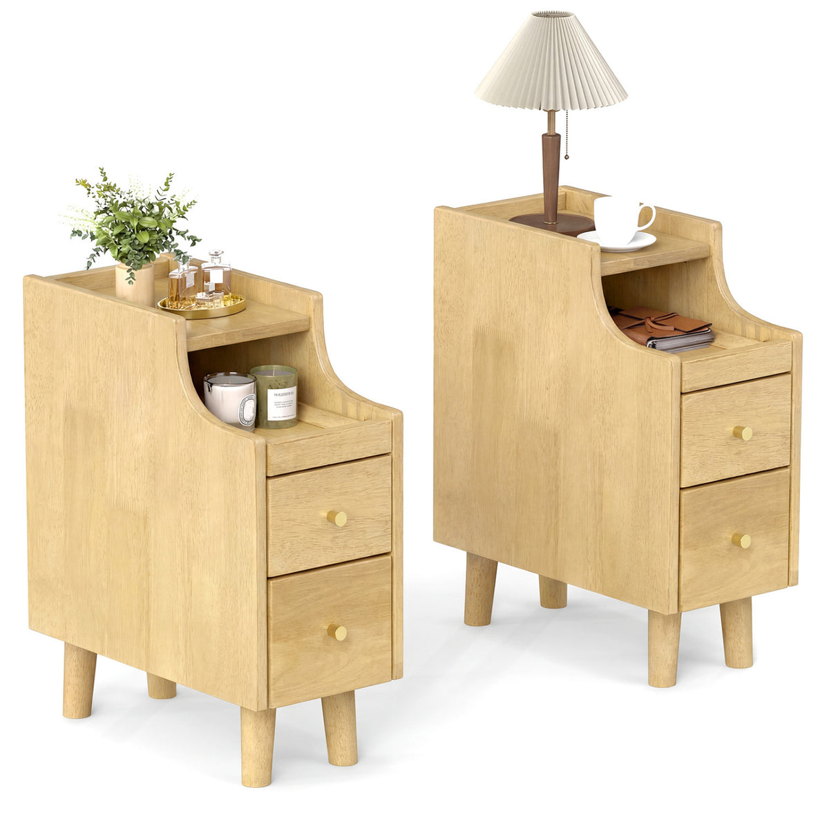Set of 2 Solid Wood Night Side Table with Pull-out Tray and 2 Storage Drawers-Natural