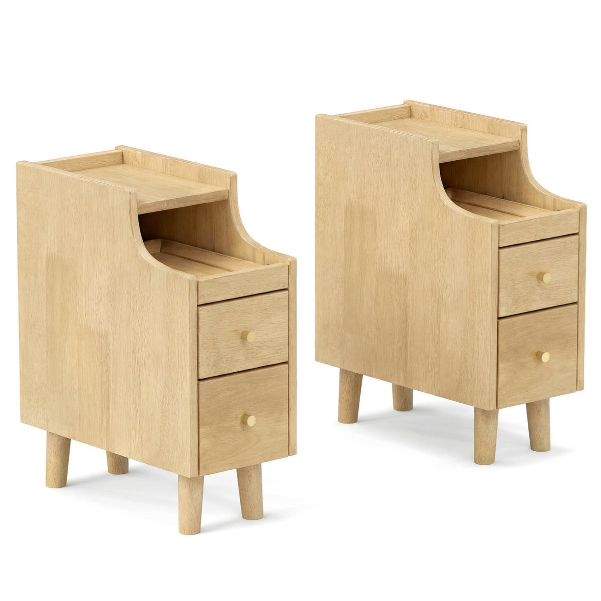 Set of 2 Solid Wood Night Side Table with Pull-out Tray and 2 Storage Drawers-Natural