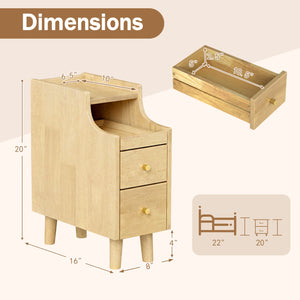 Set of 2 Solid Wood Night Side Table with Pull-out Tray and 2 Storage Drawers-Natural