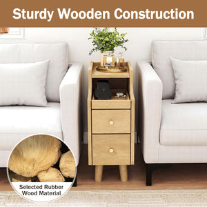 Set of 2 Solid Wood Night Side Table with Pull-out Tray and 2 Storage Drawers-Natural