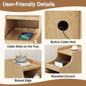 Set of 2 Solid Wood Night Side Table with Pull-out Tray and 2 Storage Drawers-Natural