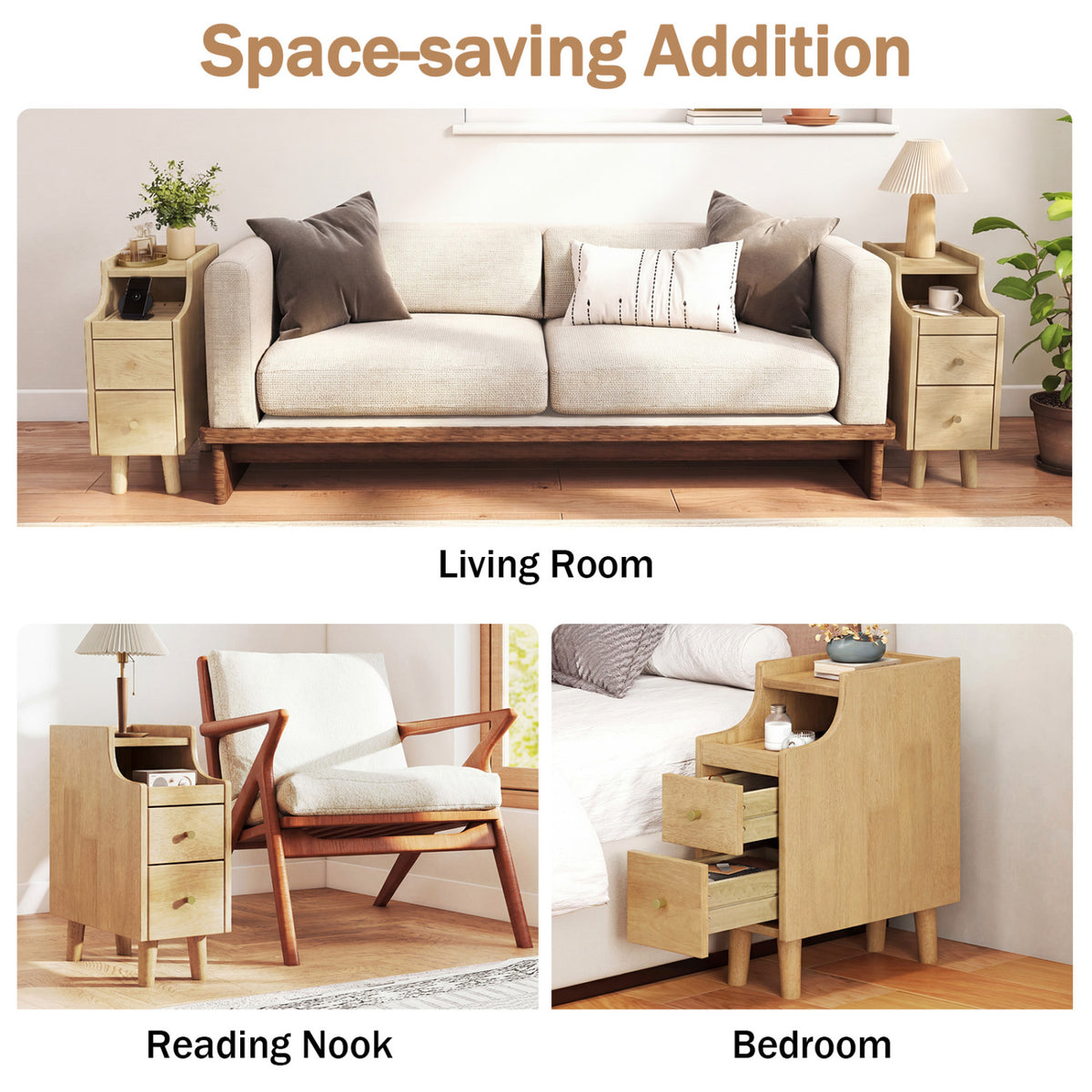 Set of 2 Solid Wood Night Side Table with Pull-out Tray and 2 Storage Drawers-Natural