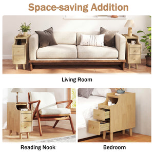 Set of 2 Solid Wood Night Side Table with Pull-out Tray and 2 Storage Drawers-Natural