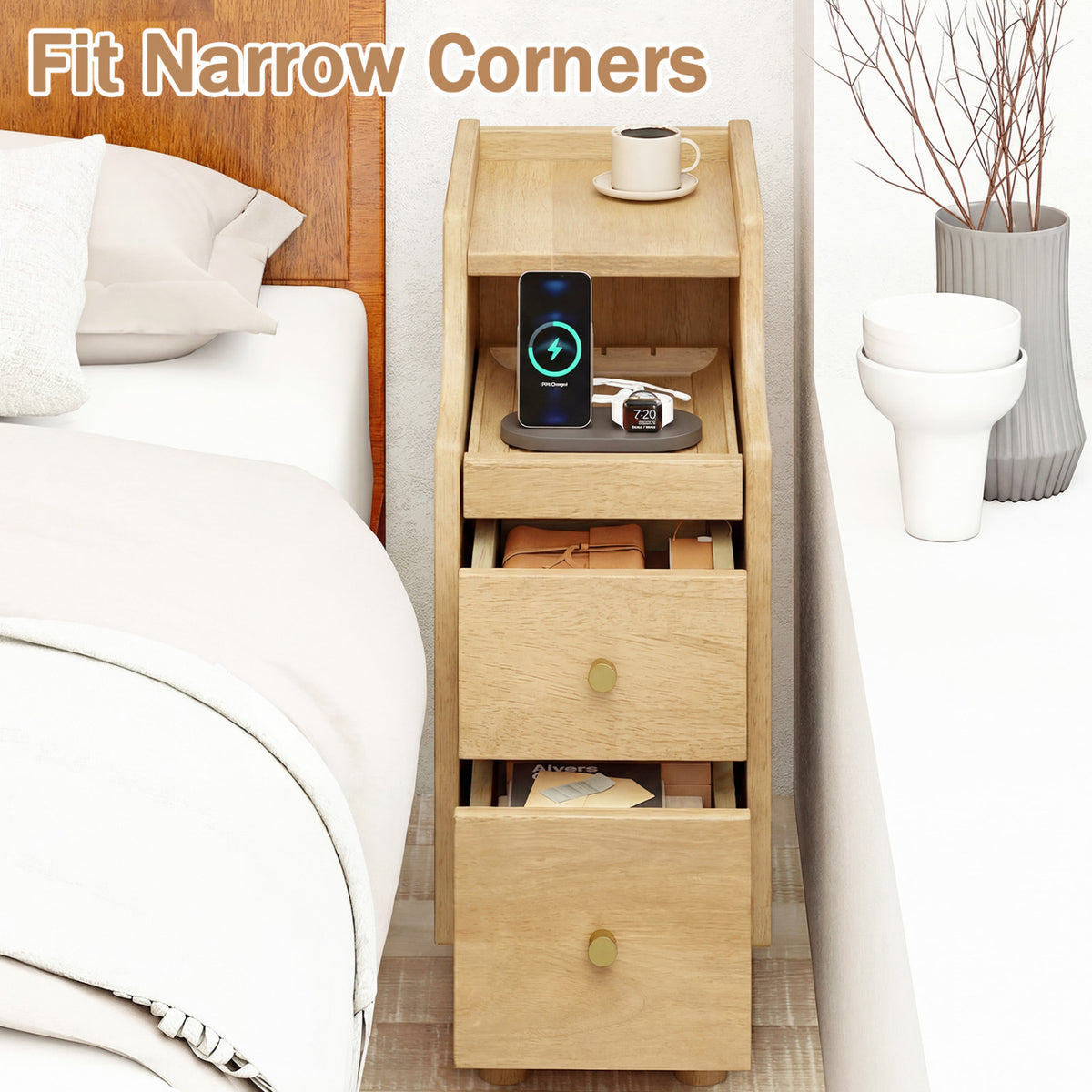 Set of 2 Solid Wood Night Side Table with Pull-out Tray and 2 Storage Drawers-Natural