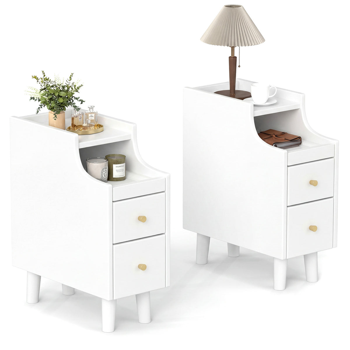 Set of 2 Solid Wood Night Side Table with Pull-out Tray and 2 Storage Drawers-White