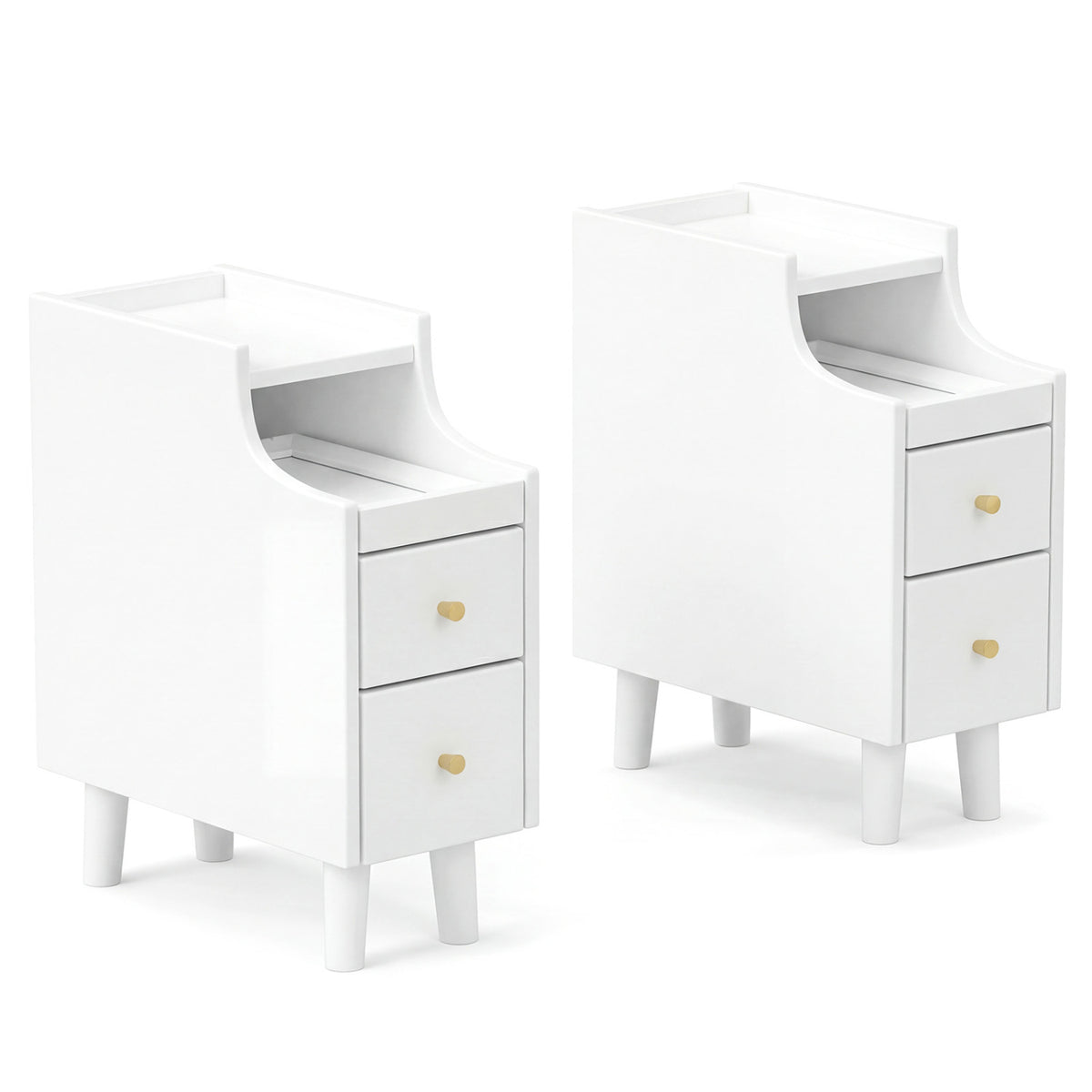 Set of 2 Solid Wood Night Side Table with Pull-out Tray and 2 Storage Drawers-White