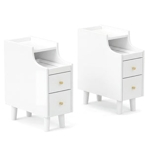Set of 2 Solid Wood Night Side Table with Pull-out Tray and 2 Storage Drawers-White