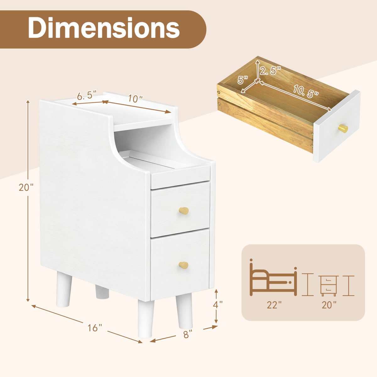 Set of 2 Solid Wood Night Side Table with Pull-out Tray and 2 Storage Drawers-White