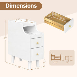 Set of 2 Solid Wood Night Side Table with Pull-out Tray and 2 Storage Drawers-White
