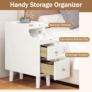 Set of 2 Solid Wood Night Side Table with Pull-out Tray and 2 Storage Drawers-White