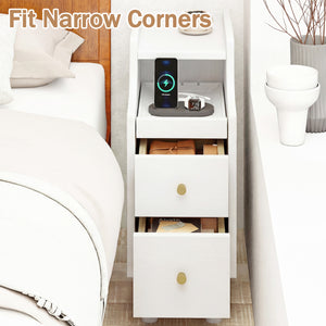 Set of 2 Solid Wood Night Side Table with Pull-out Tray and 2 Storage Drawers-White