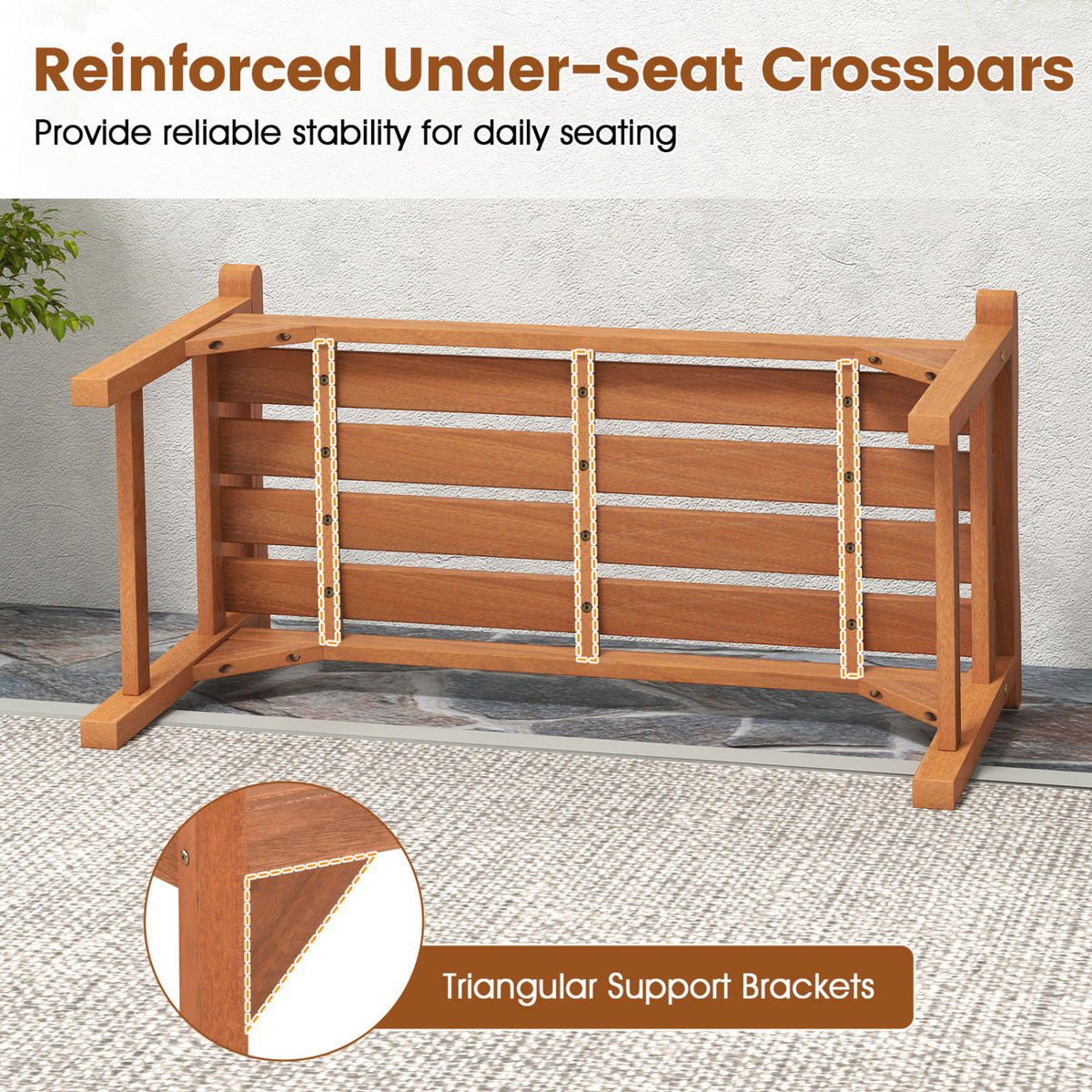 Set of 2 Solid Wood Backless Garden Bench with Support Handles and Curved Slatted Seat for Deck