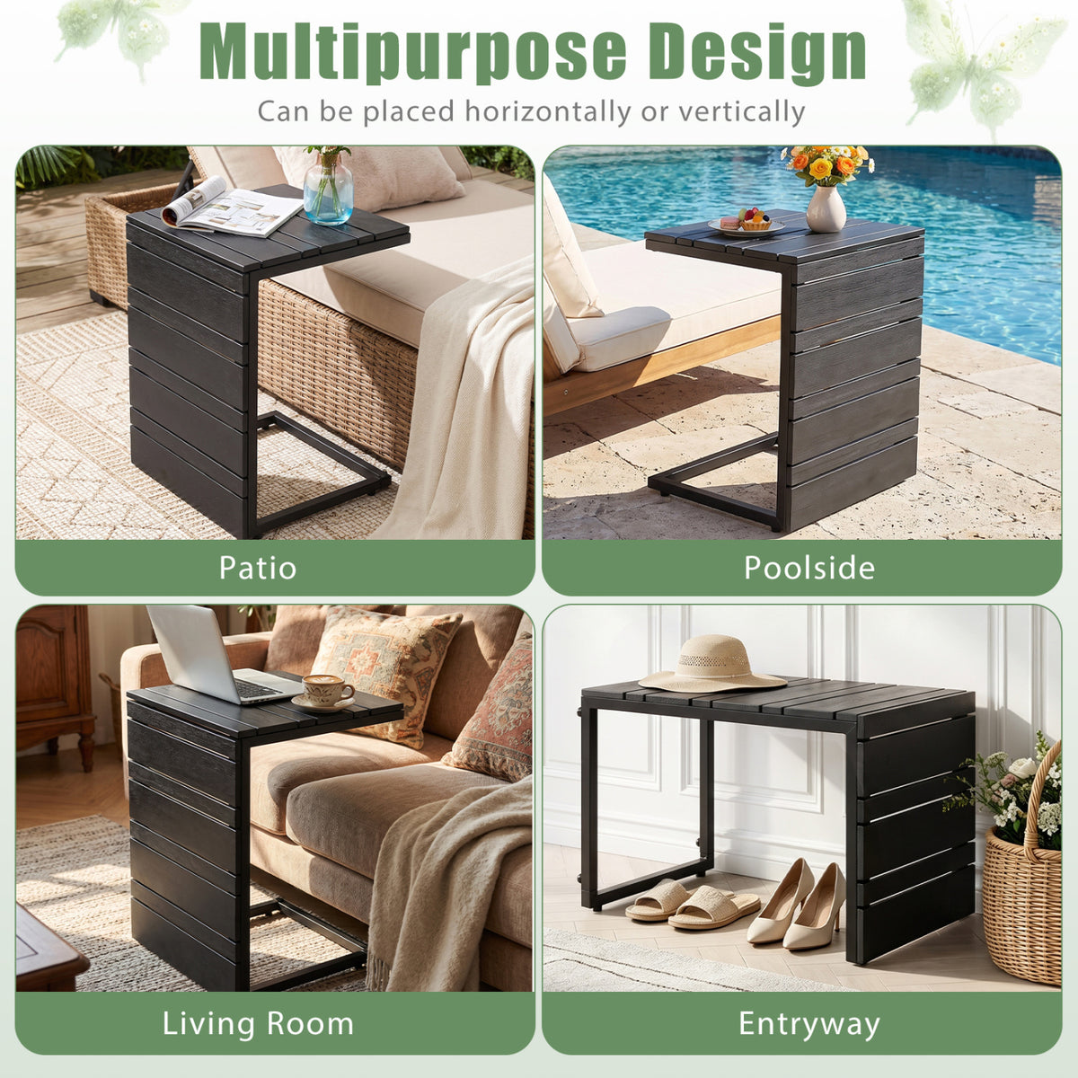 Set of 2 Space-Saving C-Shaped Side Table with Wood-Plastic Top-Black
