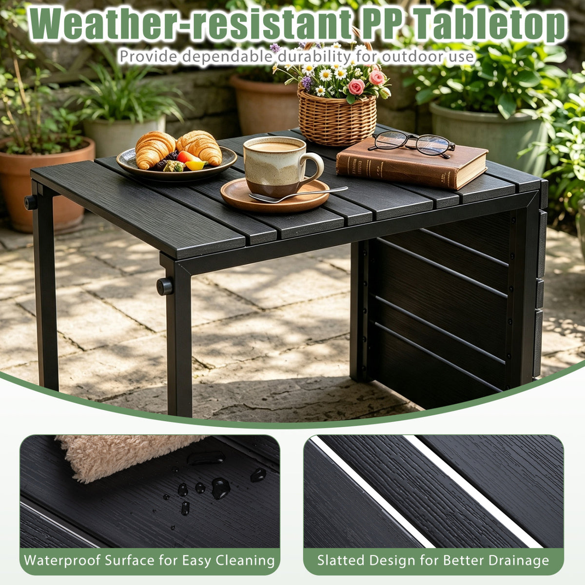 Set of 2 Space-Saving C-Shaped Side Table with Wood-Plastic Top-Black
