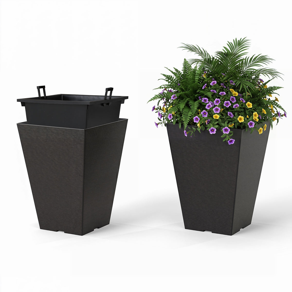 Set of 2 Square Taper Planter with Optional Drainage Hole and Removable Inner Bucket-Black