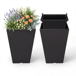 Set of 2 Square Taper Planter with Optional Drainage Hole and Removable Inner Bucket-Black