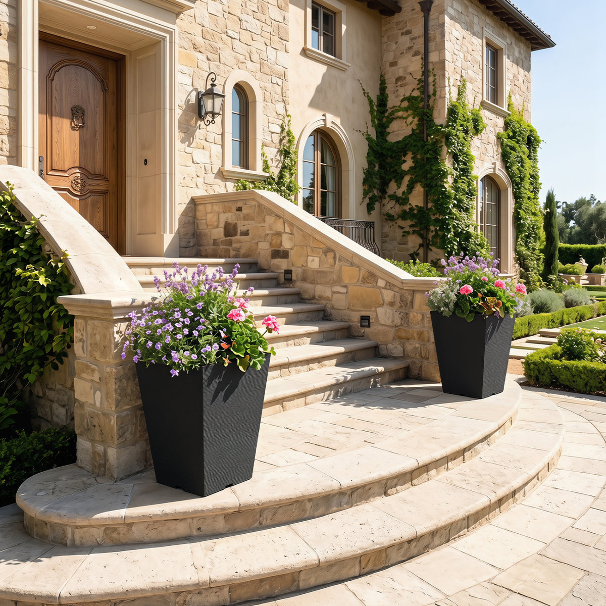 Set of 2 Square Taper Planter with Optional Drainage Hole and Removable Inner Bucket-Black