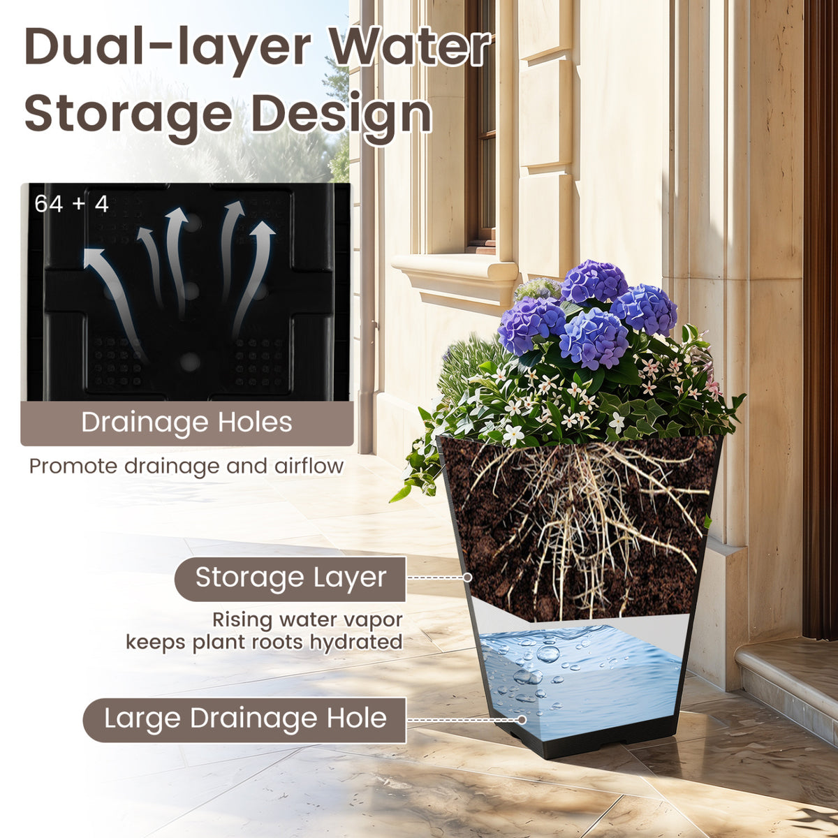 Set of 2 Square Taper Planter with Optional Drainage Hole and Removable Inner Bucket-Black