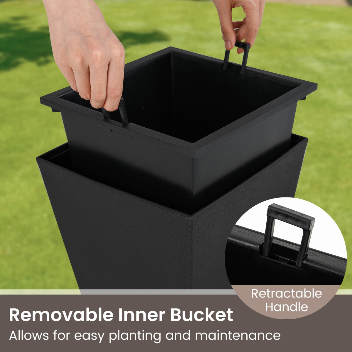 Set of 2 Square Taper Planter with Optional Drainage Hole and Removable Inner Bucket-Black