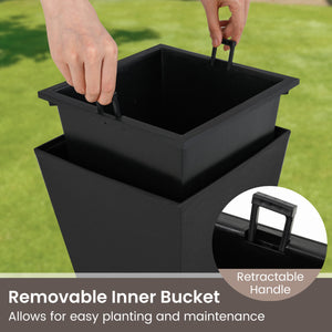 Set of 2 Square Taper Planter with Optional Drainage Hole and Removable Inner Bucket-Black