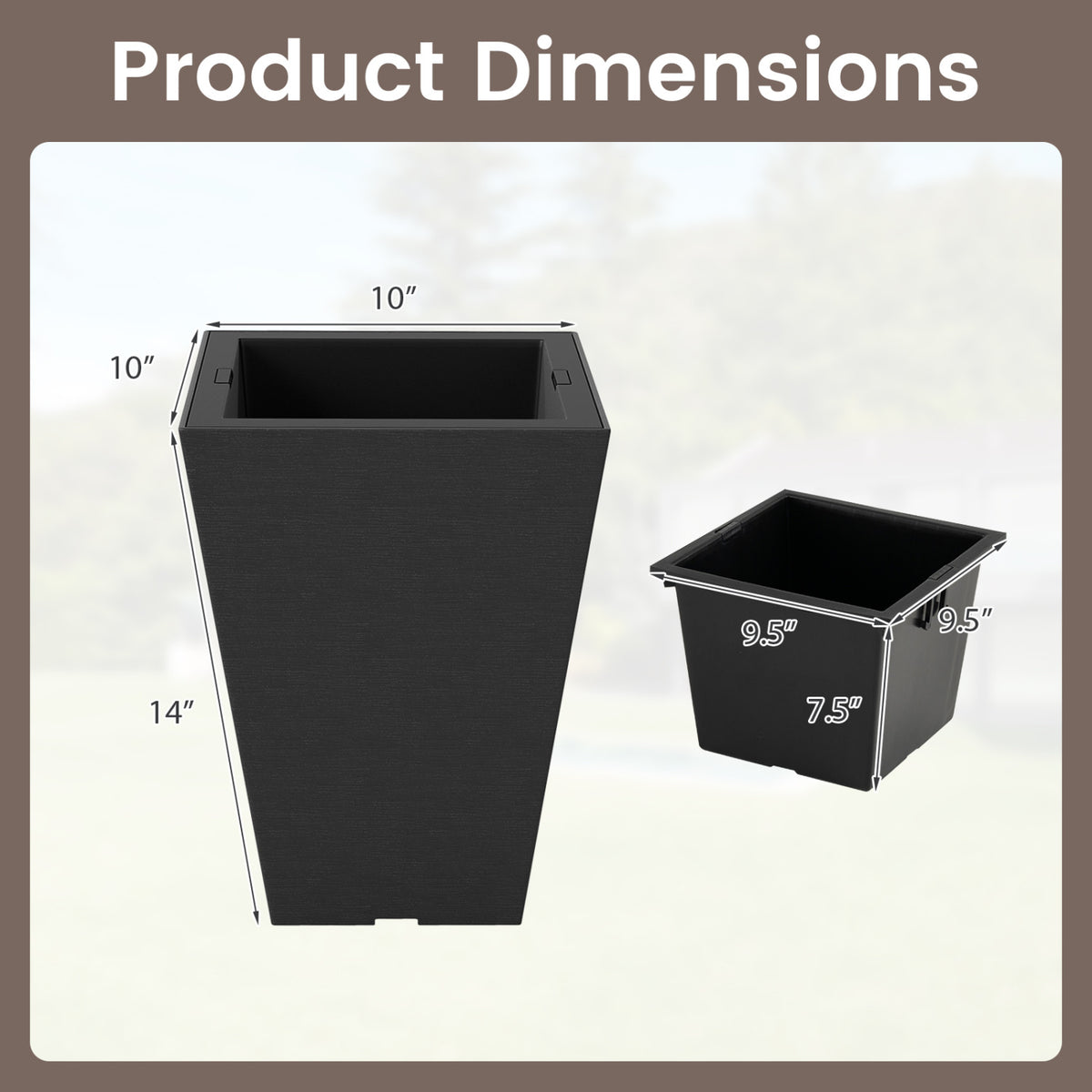 Set of 2 Square Taper Planter with Optional Drainage Hole and Removable Inner Bucket-Black
