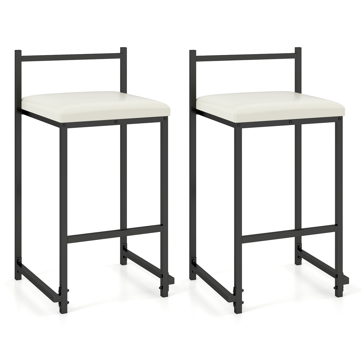 Set of 2 Stackable Counter Height Bar Stools PU Leather Upholstered with Footrest-Black