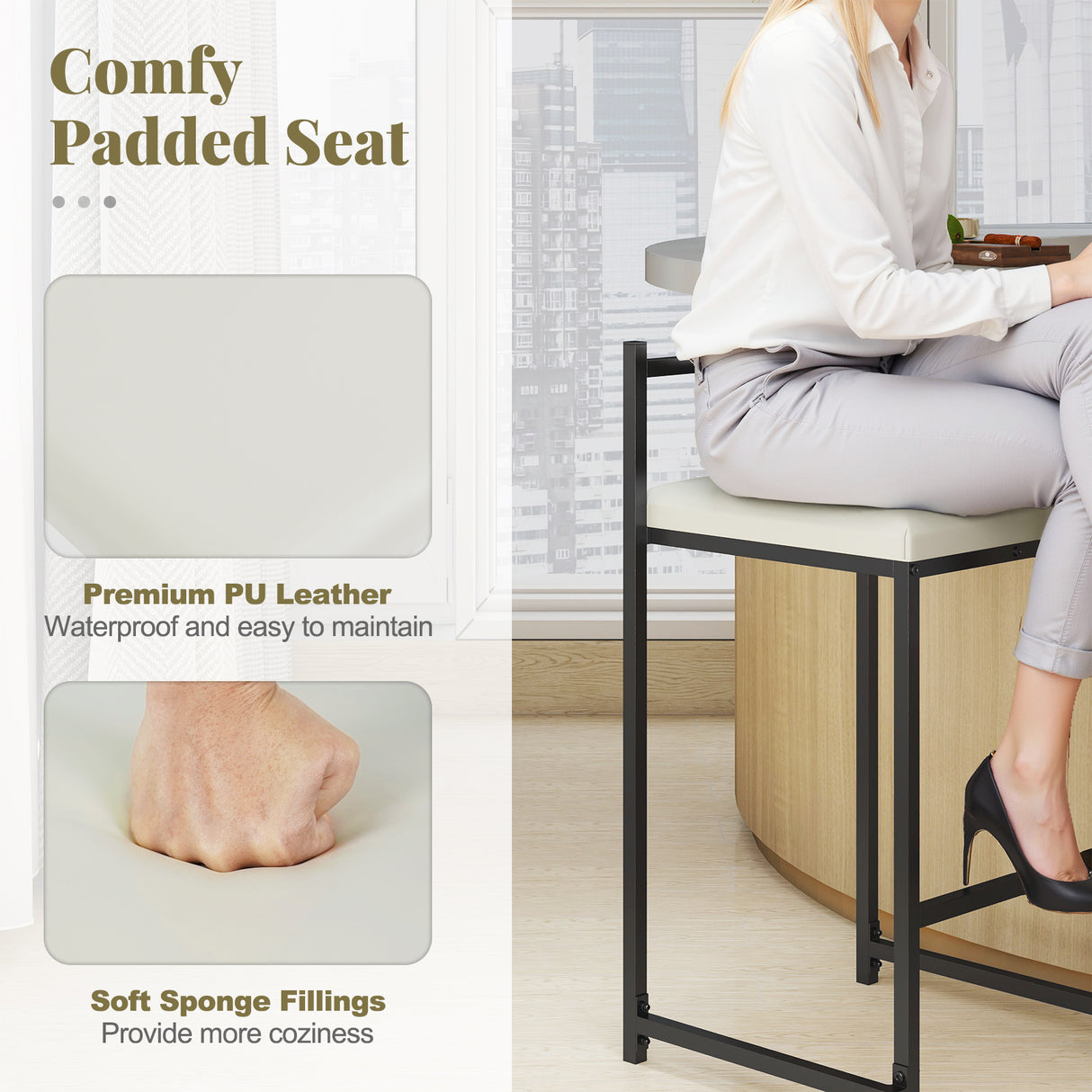 Set of 2 Stackable Counter Height Bar Stools PU Leather Upholstered with Footrest-Black