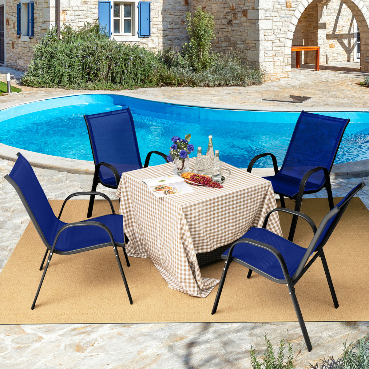 Set of 2 Stackable Patio Dining Chairs Set with Armrest-Navy