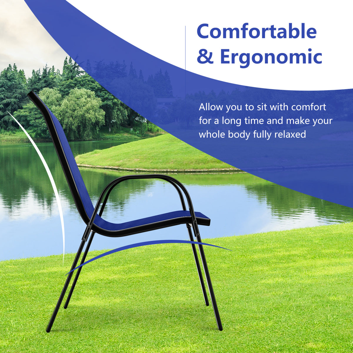 Set of 2 Stackable Patio Dining Chairs Set with Armrest-Navy
