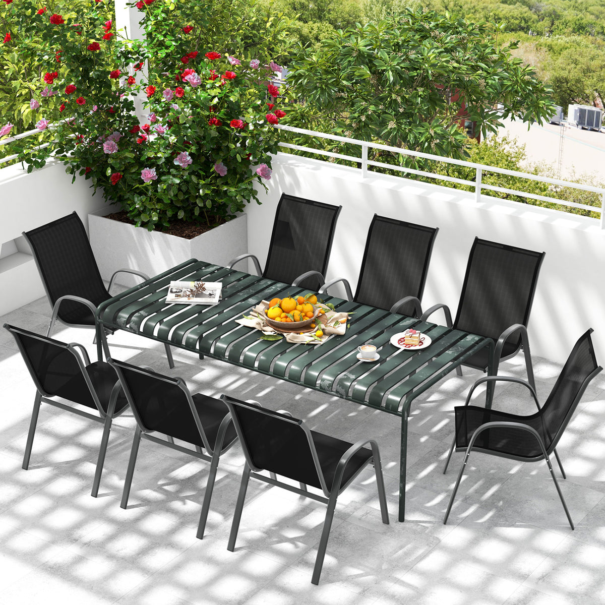 Set of 2 Stackable Patio Dining Chairs Set with Armrest-Black