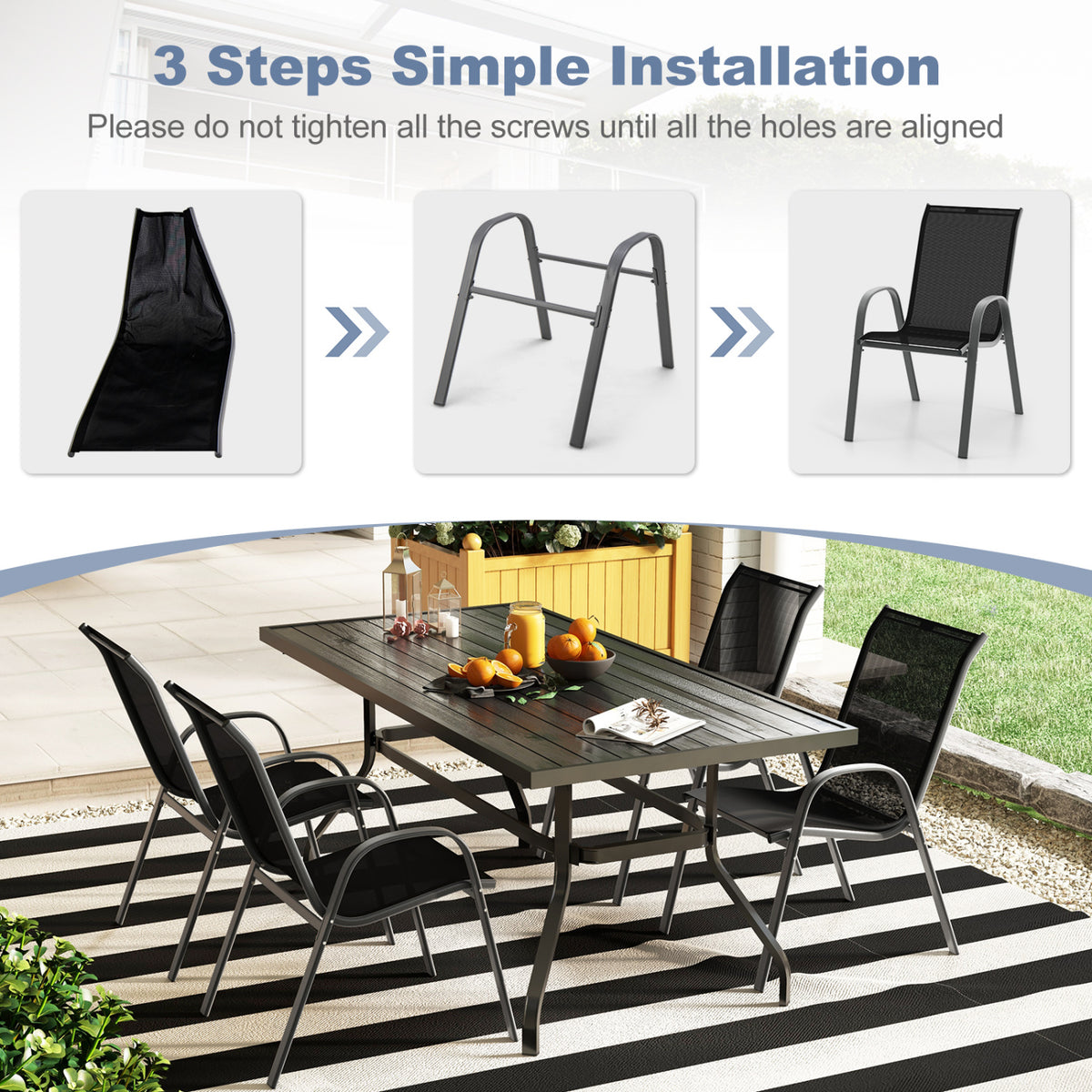 Set of 2 Stackable Patio Dining Chairs Set with Armrest-Black