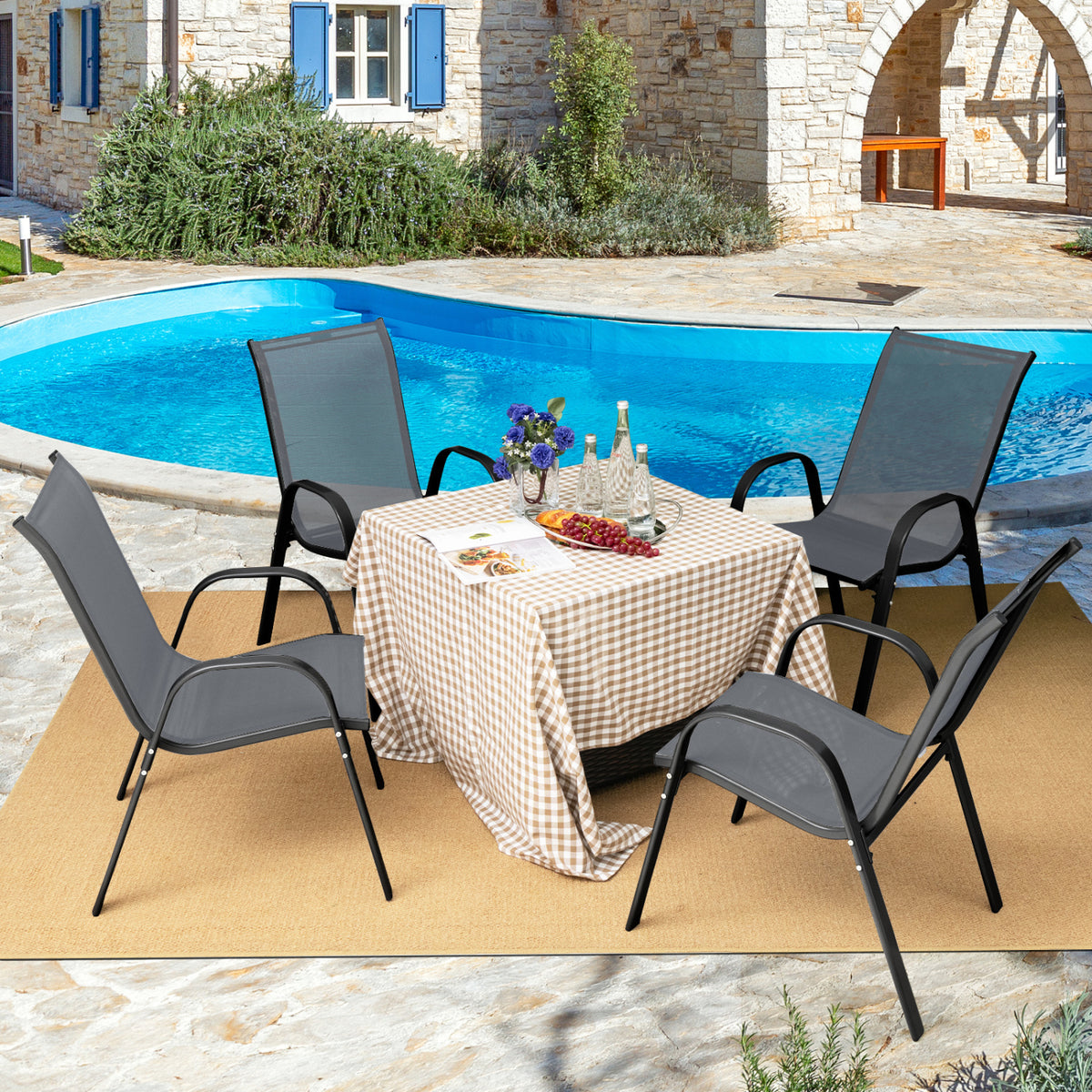Set of 2 Stackable Patio Dining Chairs Set with Armrest-Grey
