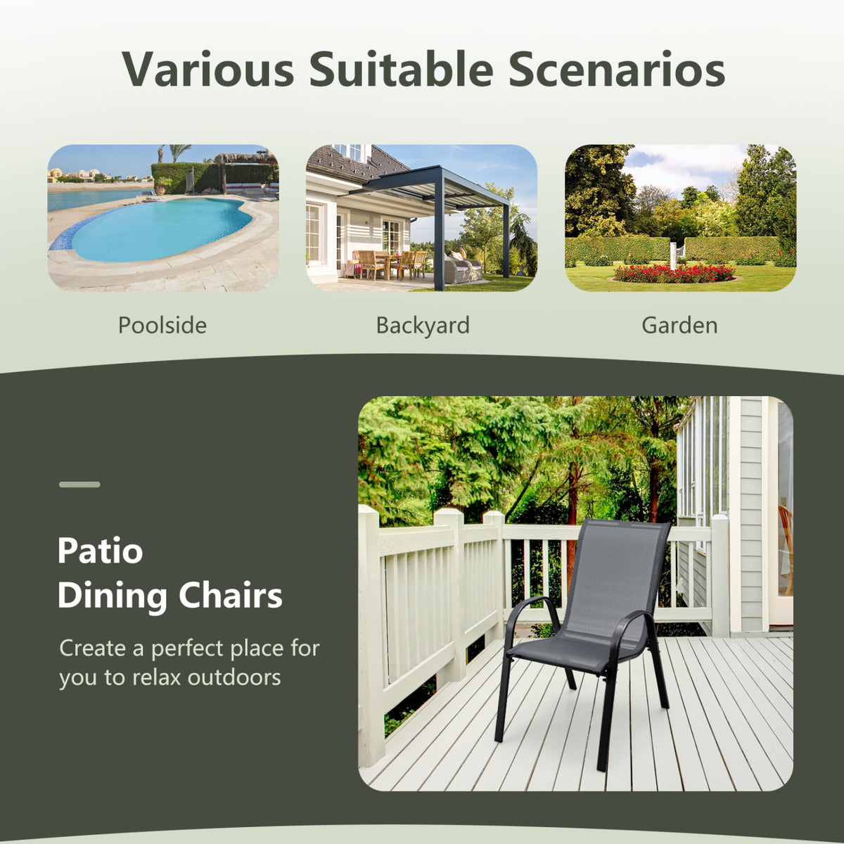 Set of 2 Stackable Patio Dining Chairs Set with Armrest-Grey