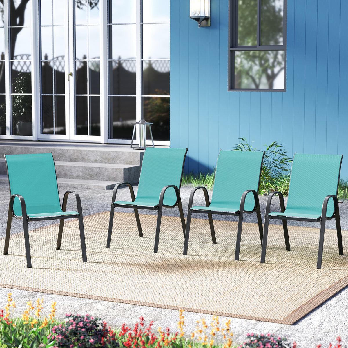 Set of 2 Stackable Patio Dining Chairs Set with Armrest-Turquoise