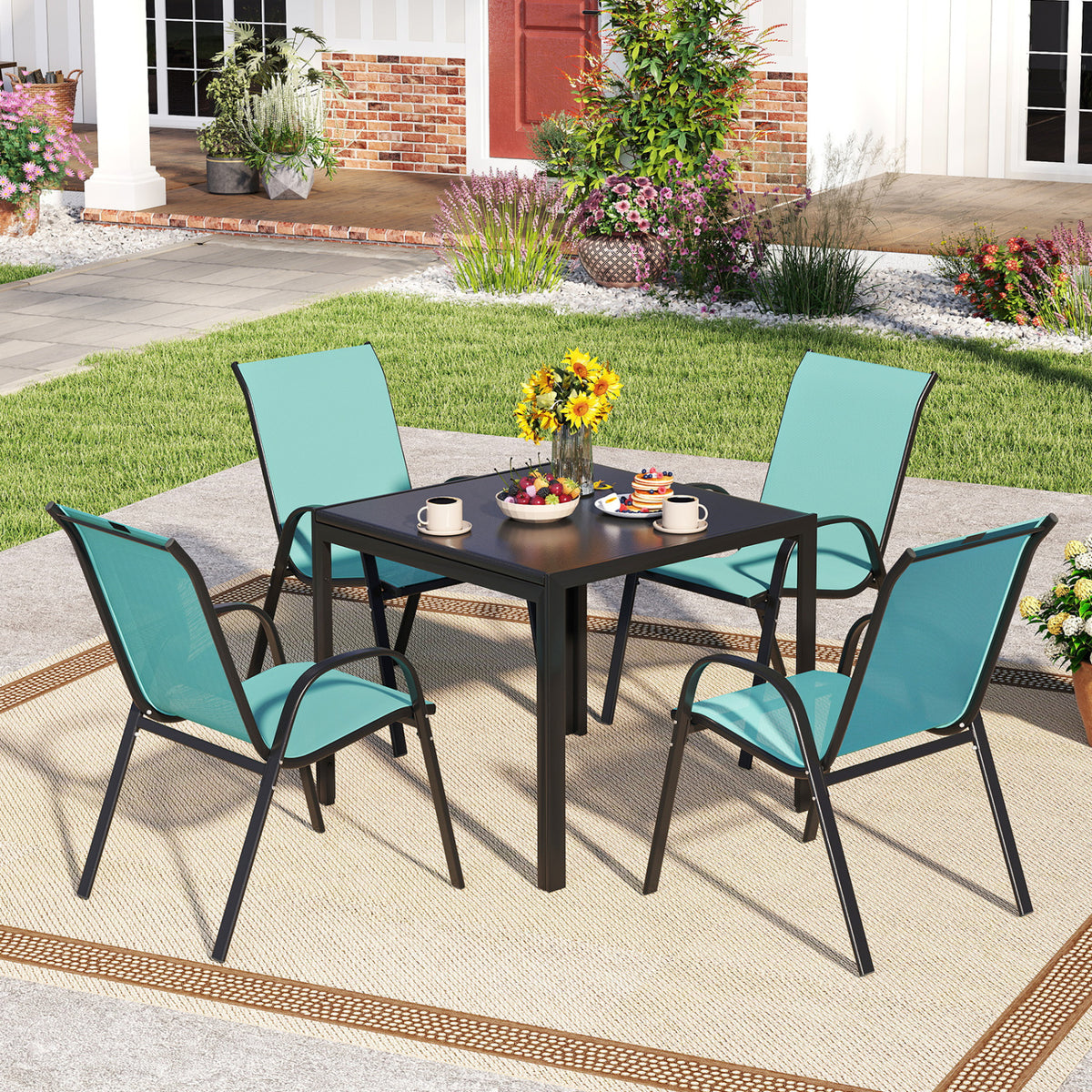 Set of 2 Stackable Patio Dining Chairs Set with Armrest-Turquoise