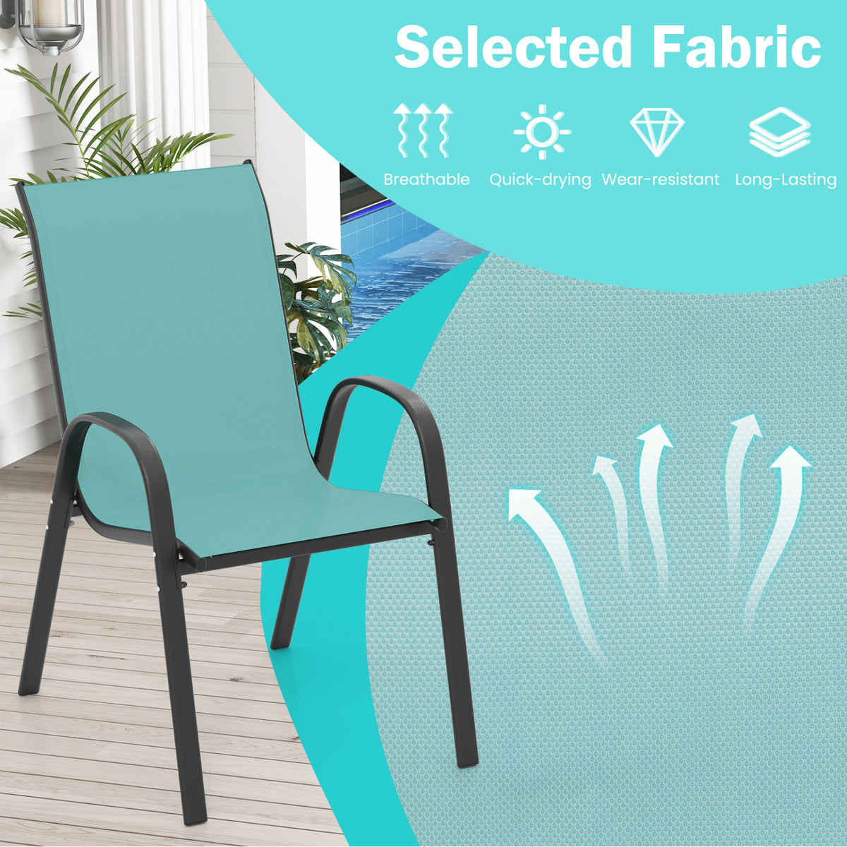 Set of 2 Stackable Patio Dining Chairs Set with Armrest-Turquoise