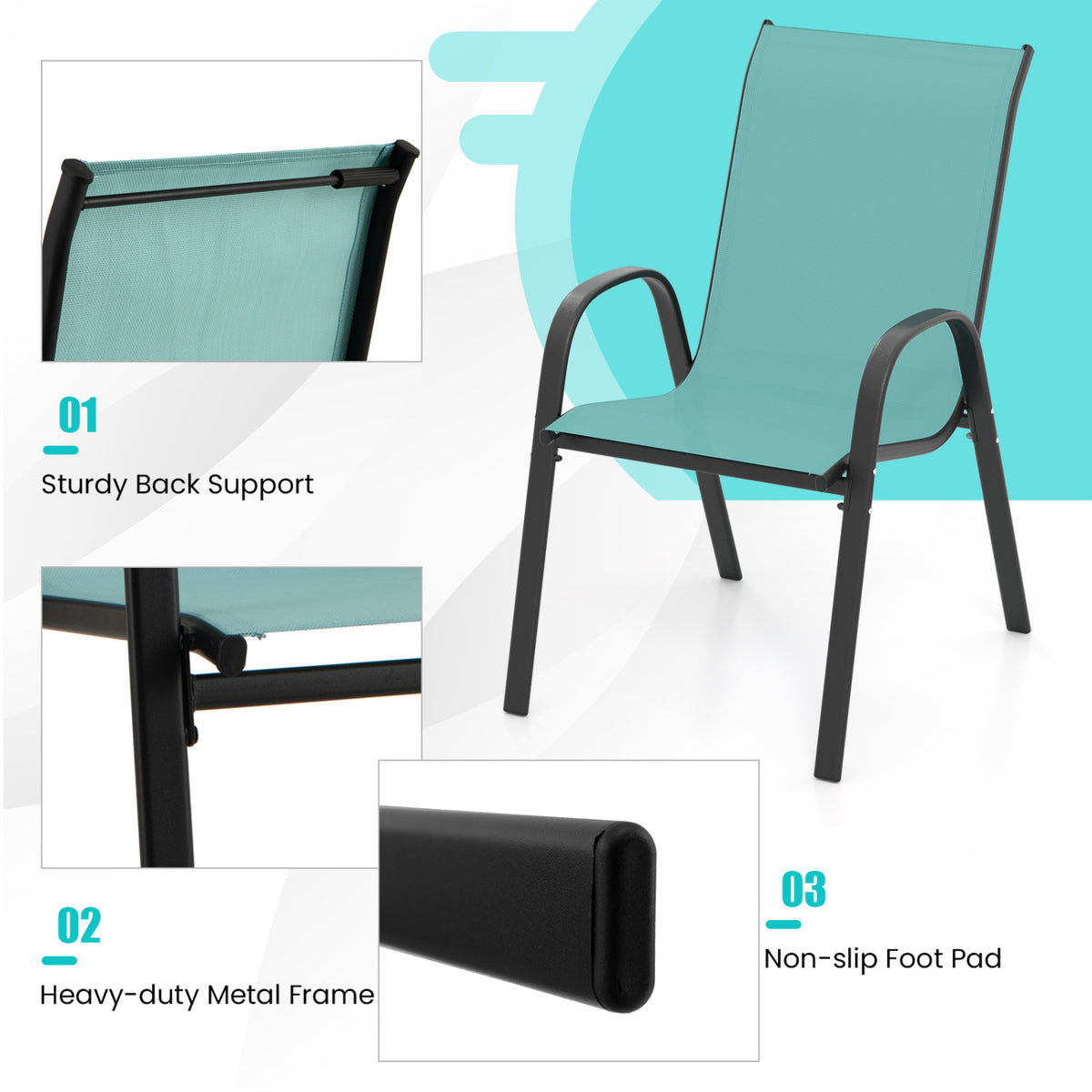 Set of 2 Stackable Patio Dining Chairs Set with Armrest-Turquoise