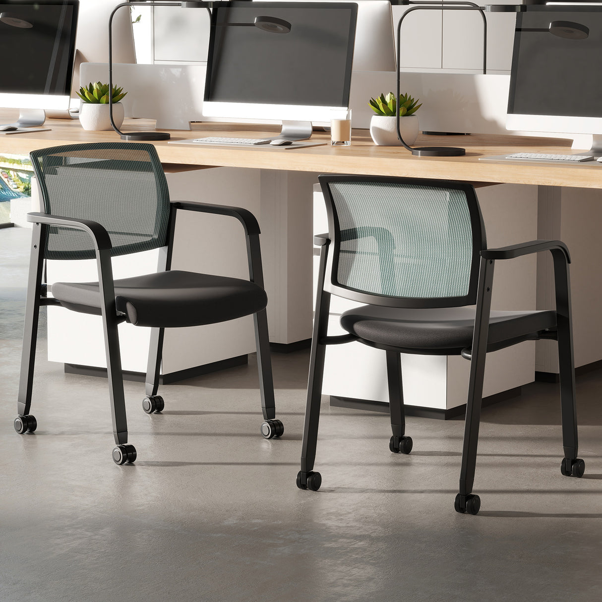 Set of 2 Stackable Rolling Office Chairs with Mesh Backrest-Gray