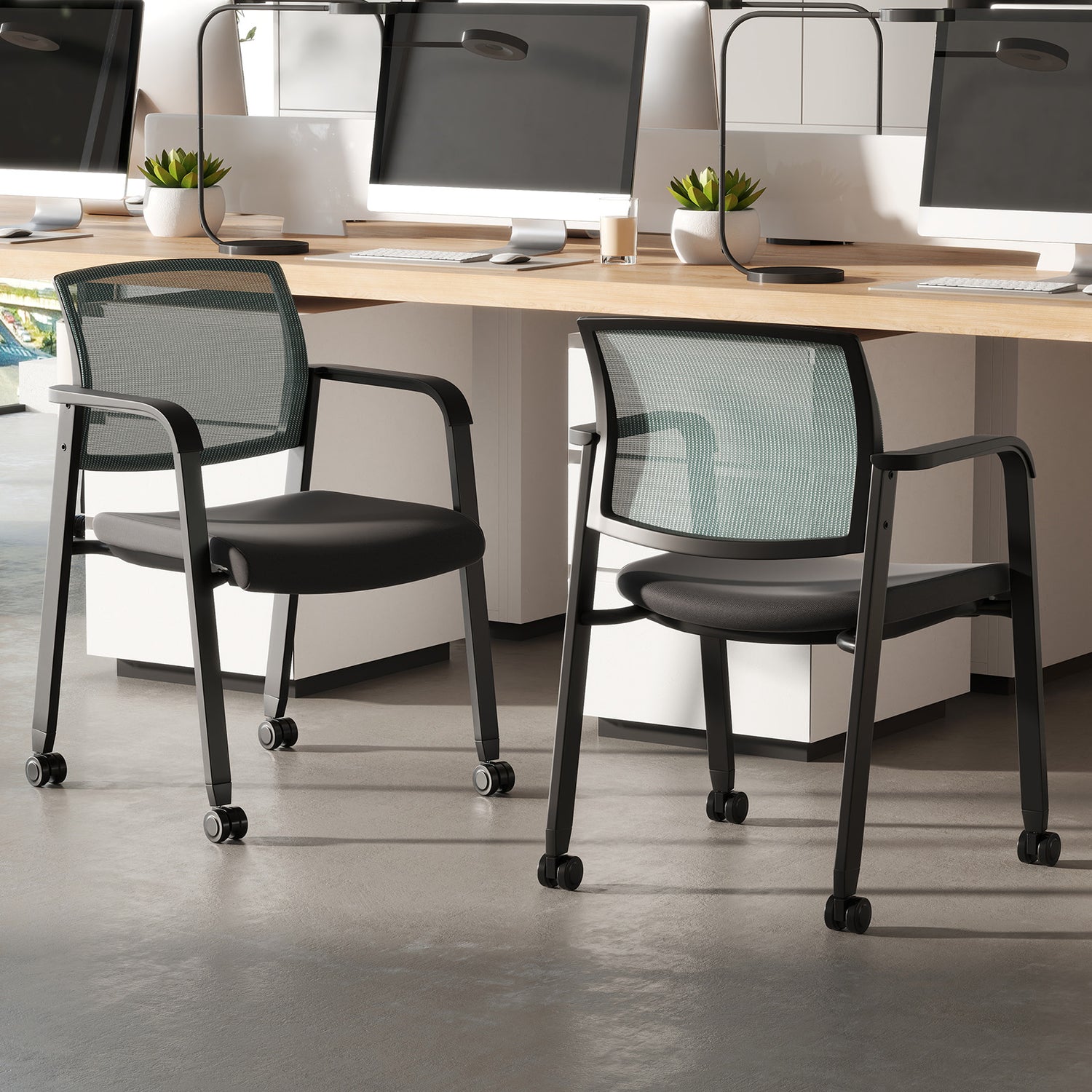 Set of 2 Stackable Rolling Office Chairs with Mesh Backrest-Gray
