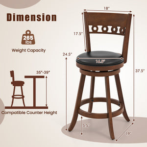Set of 2 Swivel Bar Stools with Rubber Wood Frame-24.5 inches