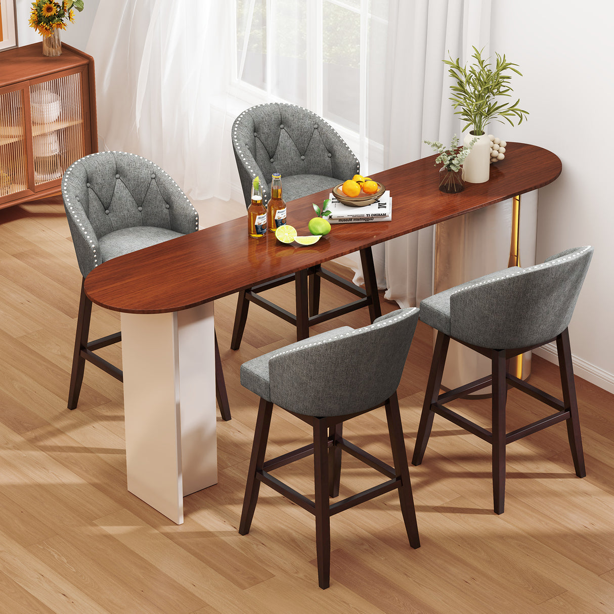 Set of 2 Swivel Bar Stools with Rubber Wood Legs and Padded Back-Gray