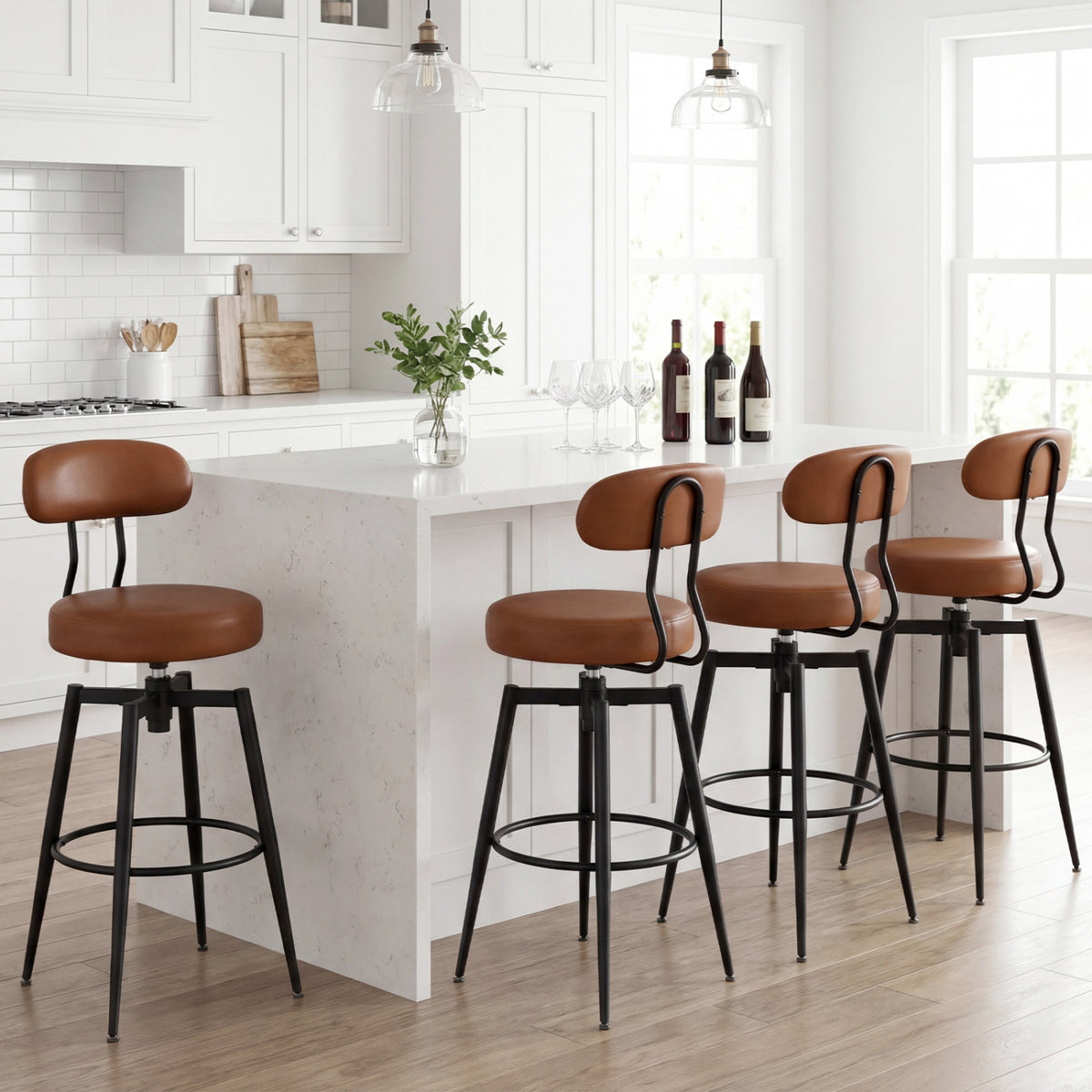 Set of 2 Swivel Barstools Faux Leather with Upholstered Seat and Back-Brown