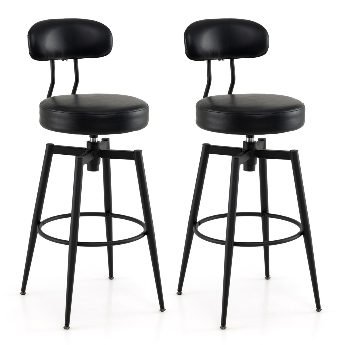 Set of 2 Swivel Barstools Faux Leather with Upholstered Seat and Back-Black