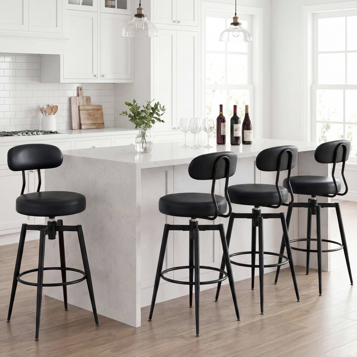 Set of 2 Swivel Barstools Faux Leather with Upholstered Seat and Back-Black