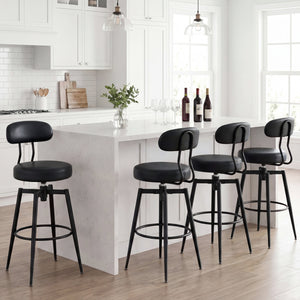 Set of 2 Swivel Barstools Faux Leather with Upholstered Seat and Back-Black