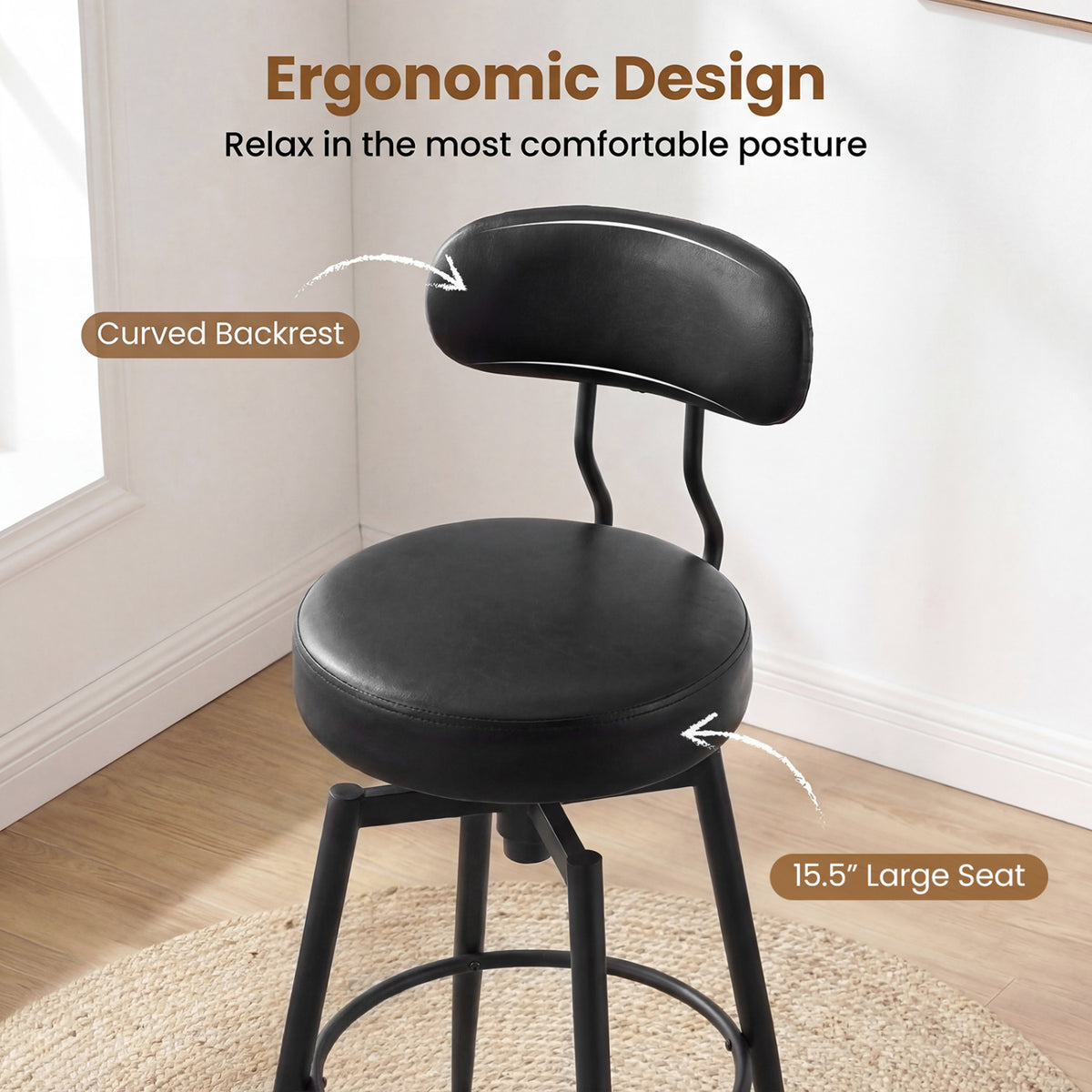 Set of 2 Swivel Barstools Faux Leather with Upholstered Seat and Back-Black