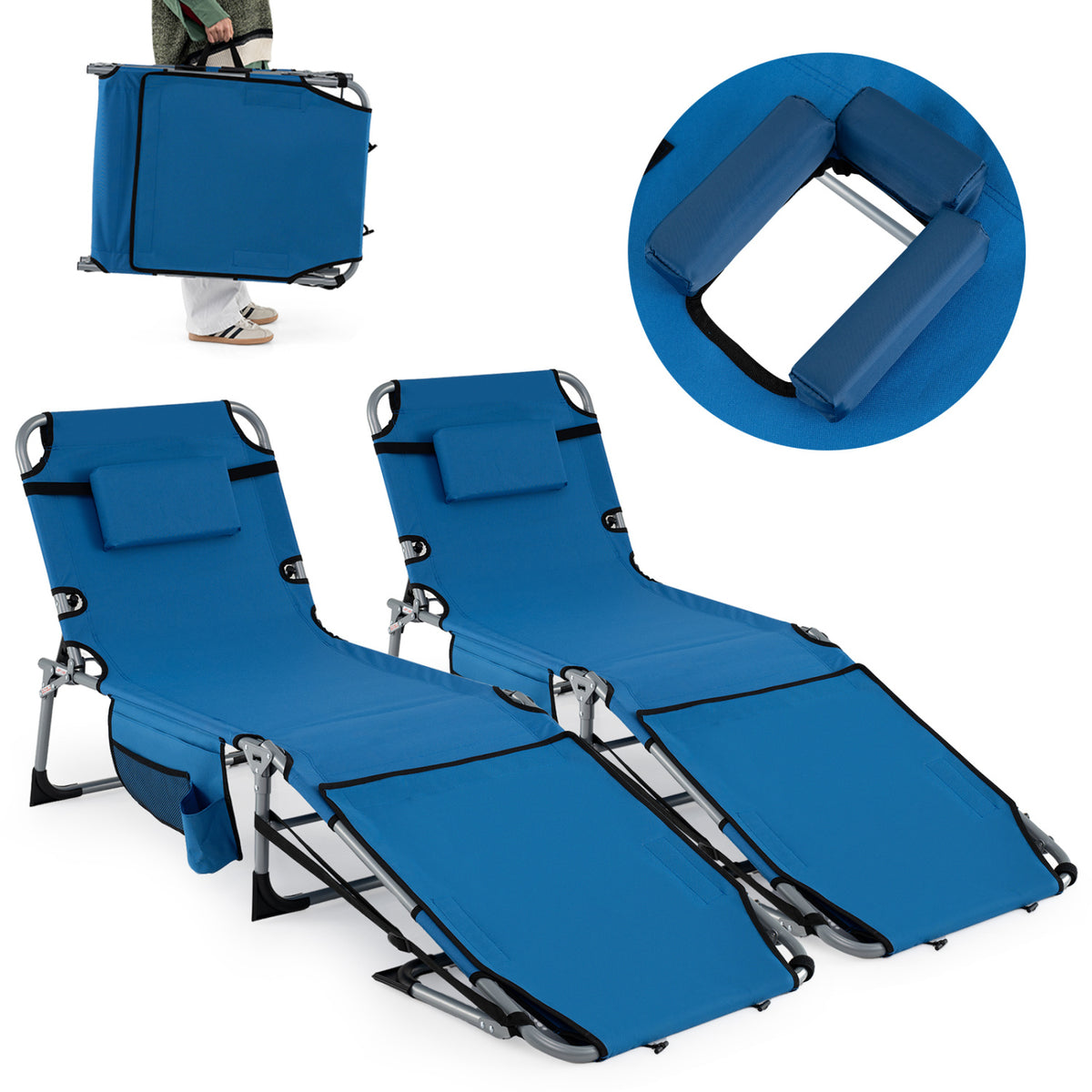 Set of 2 Tanning Chairs with Face Arm Holes Portable with 4-Level Backrest-Blue