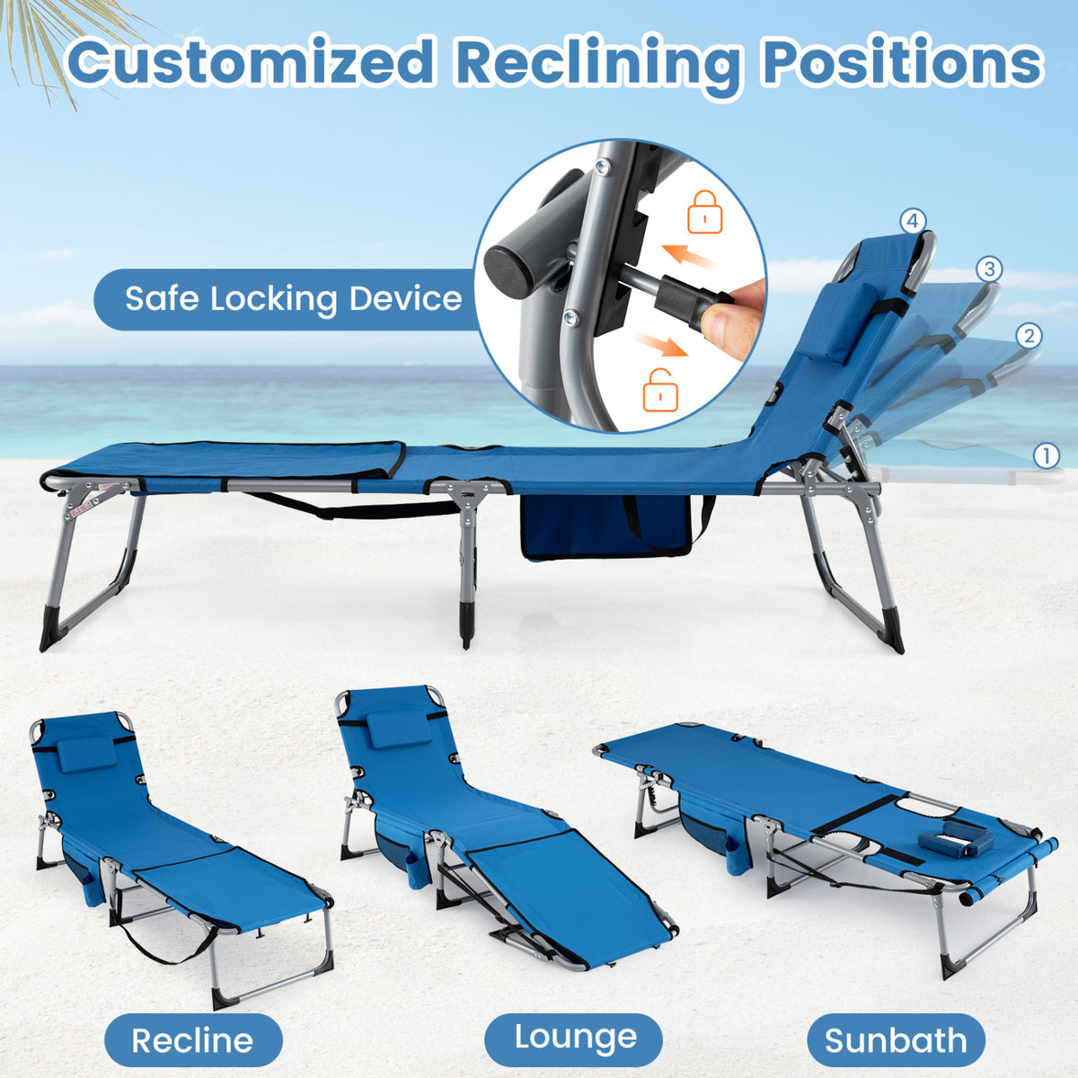 Set of 2 Tanning Chairs with Face Arm Holes Portable with 4-Level Backrest-Blue