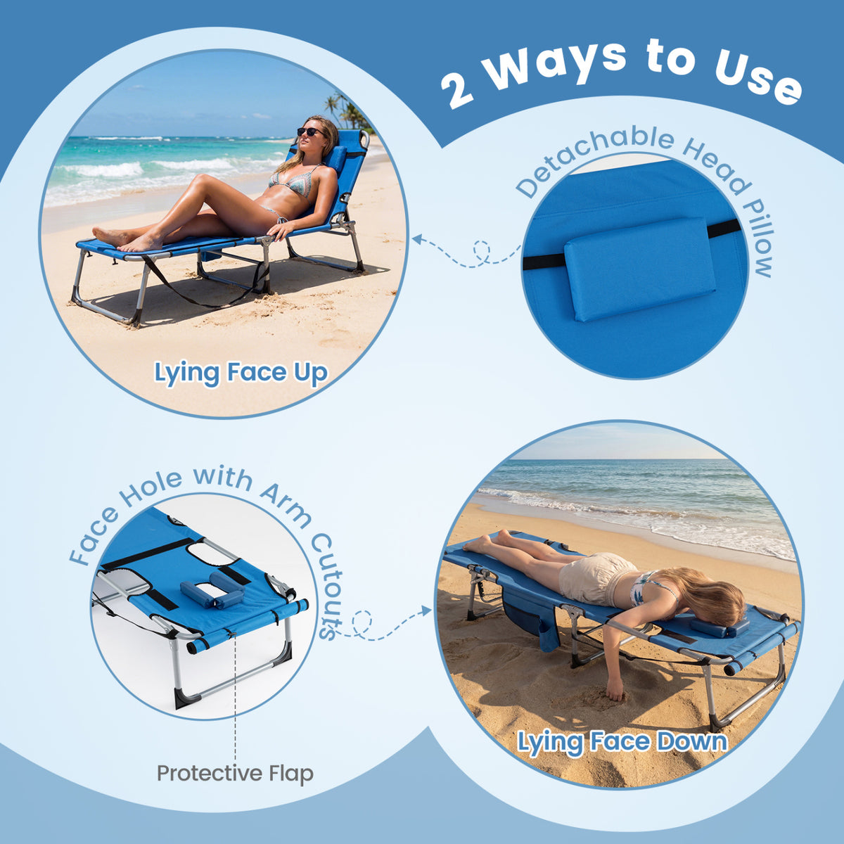 Set of 2 Tanning Chairs with Face Arm Holes Portable with 4-Level Backrest-Blue